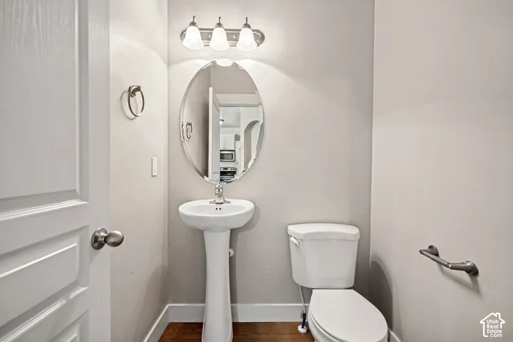 Oval wall mirror above a white pedestal sink with a chrome single-handle faucet, three-light vanity fixture, and wood-finish flooring