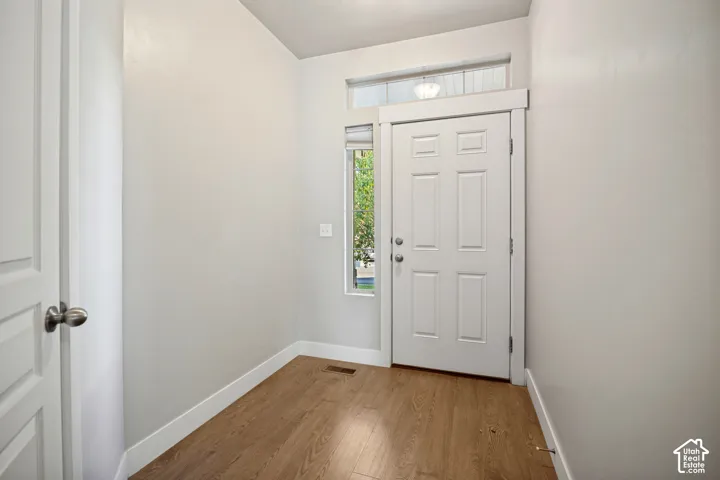 Entryway featuring wood-finish flooring, a six-panel exterior door, a vertical side window, and a horizontal transom window