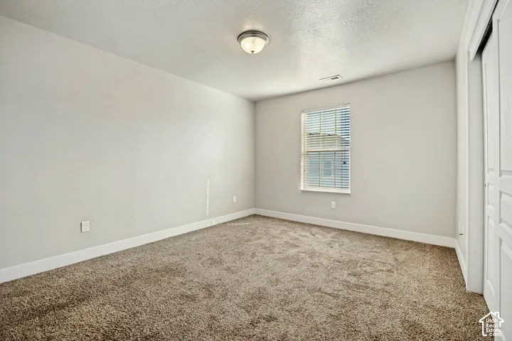 Neutral-toned interior featuring wall-to-wall carpeting, a single-panel window with integrated blinds, and a dual-panel closet door