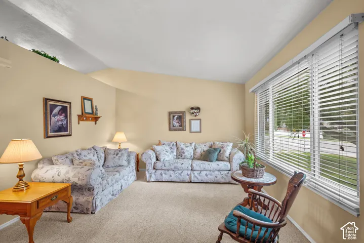 Vaulted ceilings and expansive windows with horizontal slat blinds