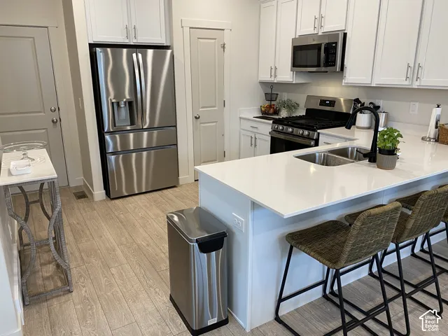 Kitchen featuring white cabinetry, stainless steel appliances, a double basin sink with a matte black faucet, and light-toned wood-finish flooring