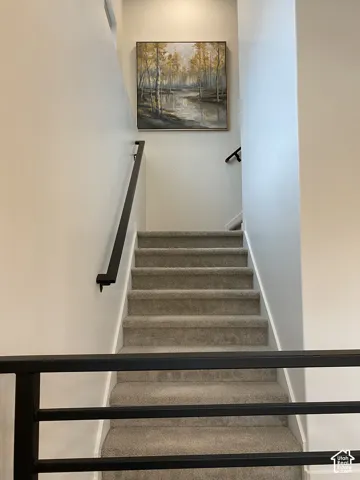 Carpeted staircase with black metal handrails and balusters