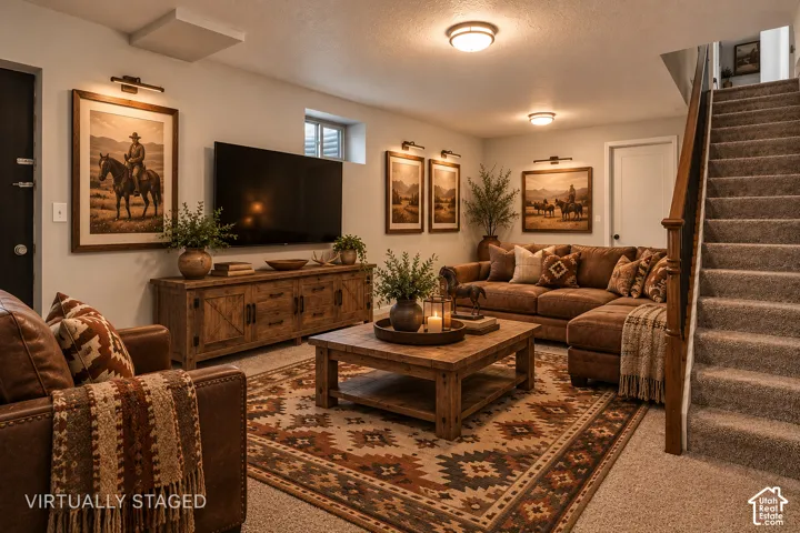Living area featuring neutral carpeting, recessed ceiling lighting, wall-mounted picture lighting, a sunken window, and a staircase with a wooden handrail
