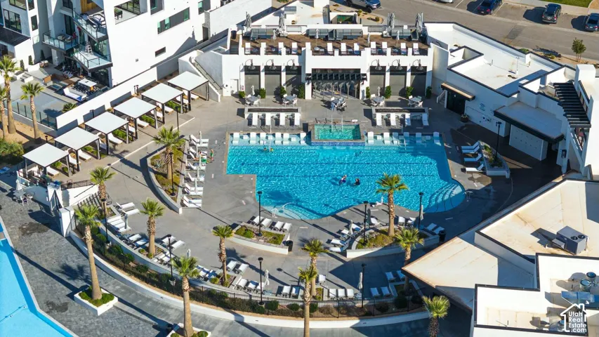 Community pool area featuring a swimming pool, integrated spa, surrounding paved deck, pergola structures, and palm tree landscaping