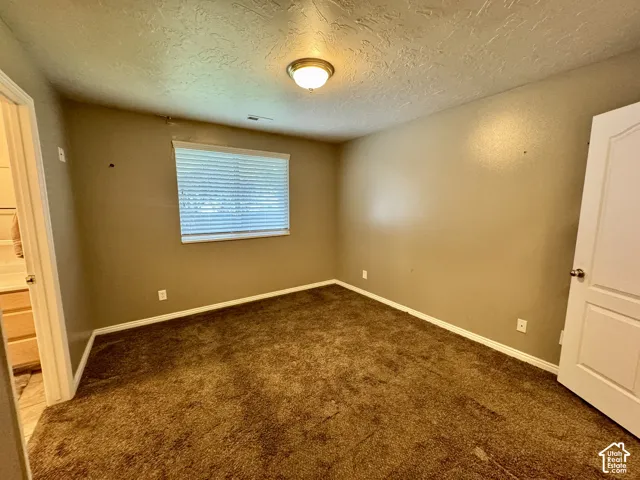 Room featuring wall-to-wall carpeting, neutral-toned walls, a flush-mount ceiling light fixture, and a window with horizontal blinds