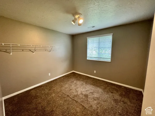 Neutral-toned interior featuring wall-to-wall carpeting, a window with fitted blinds, and built-in wire shelving