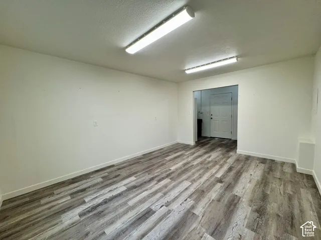 Interior space featuring wood-finish flooring, dual flush-mount ceiling light fixtures, and white wall surfaces