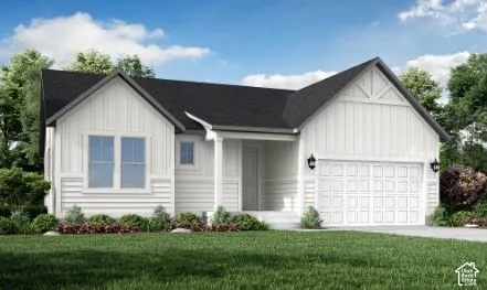 Single-story exterior featuring white board-and-batten siding, horizontal lap siding accents, a covered front entryway, and a dual-car garage with carriage-style doors