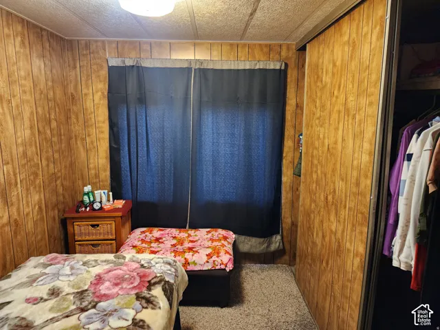 Room featuring wood-paneled walls, a sliding-door closet, and neutral textured carpeting
