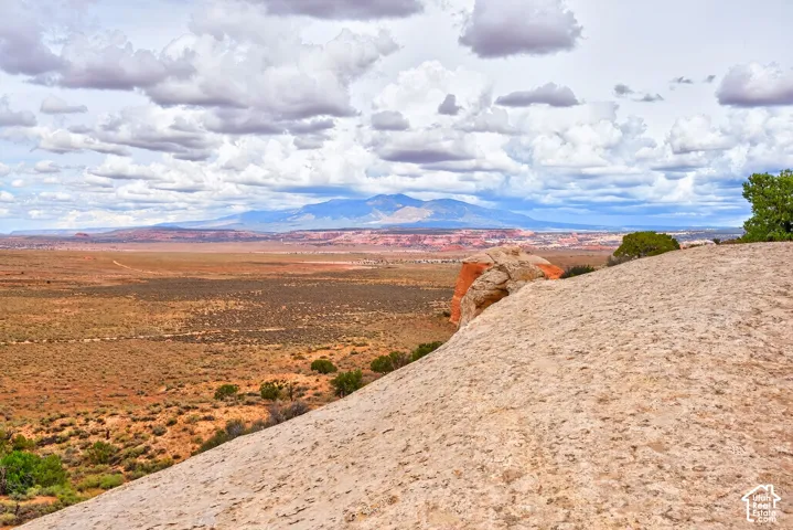 Expansive desert landscape with distant mountains under a cloudy sky