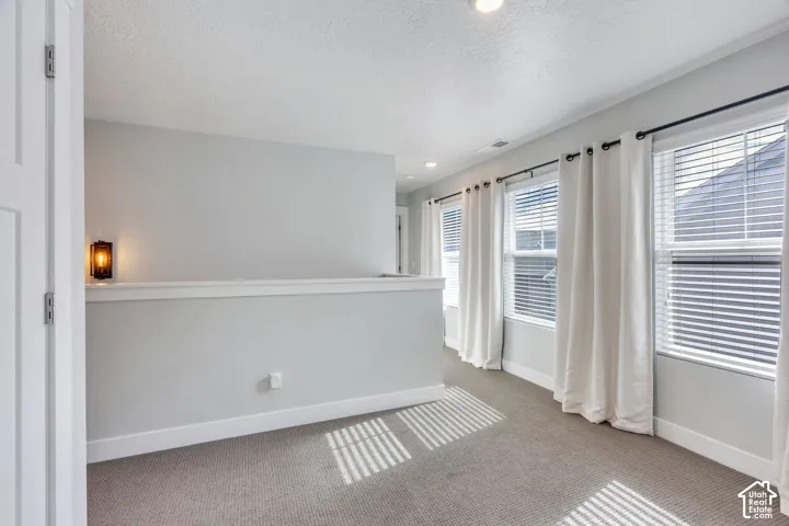 Neutral-toned interior space featuring wall-to-wall carpeting, multiple windows with horizontal blinds, built-in wall sconce lighting, and a partial-height partition wall with decorative cap molding