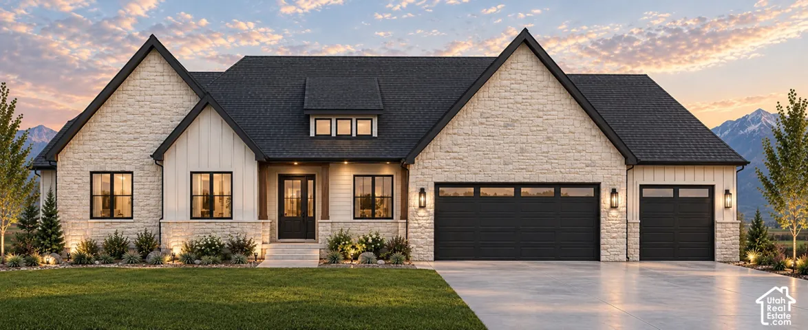 Exterior featuring a stone and board-and-batten facade, triple-gable roofline, three-car garage, and mountain backdrop