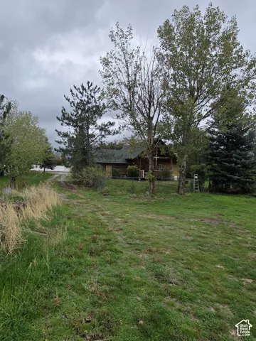 Log exterior residence situated on a spacious lot featuring mature trees, expansive grass grounds, and a fenced perimeter