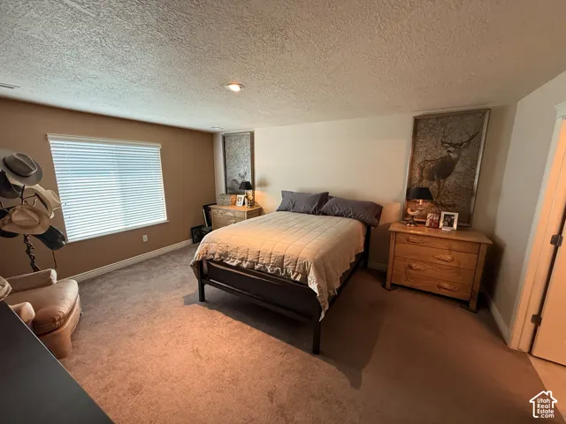 Bedroom featuring wall-to-wall carpeting, neutral interior paint, and a window with horizontal blinds