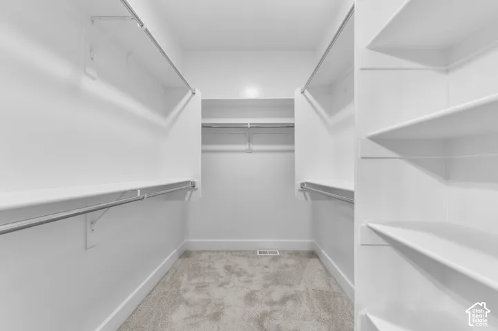Walk-in closet featuring tiered shelving, built-in organizers, metal garment rods, and wall-to-wall carpeting
