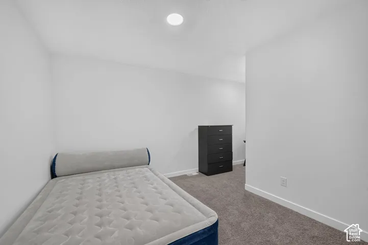 Neutral white wall paint, recessed ceiling lighting, and gray carpet flooring