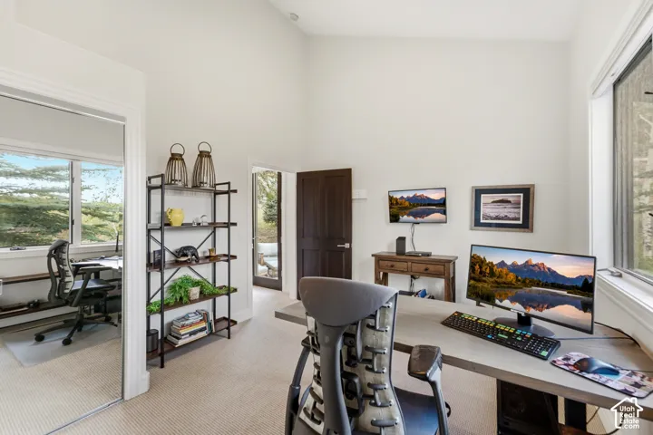 Vaulted ceiling, light-toned carpeting, dark-wood finish door, built-in shelving unit, and large windows