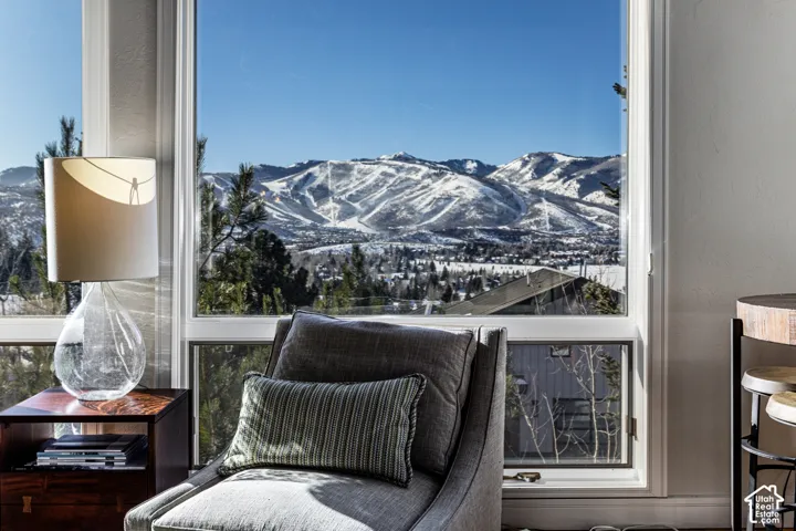 Expansive window framing snow-capped mountains and evergreen trees