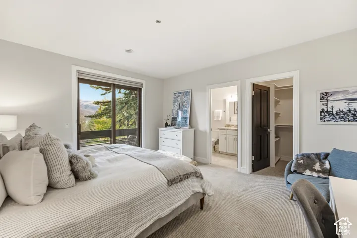 Sliding glass door opening to outdoor scenery, light gray walls, carpeted flooring, recessed lighting, and a walk-in closet with built-in shelving