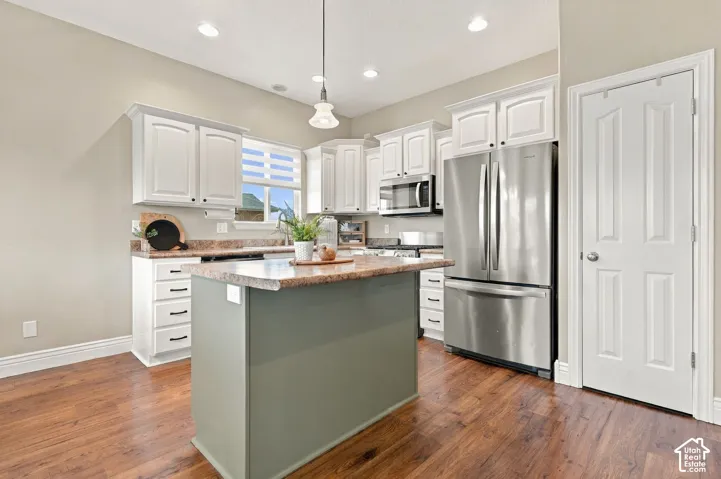 Kitchen featuring white cabinetry, wood-finish flooring, a central island, recessed lighting, and stainless steel appliances