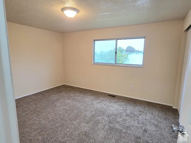 Interior room featuring neutral wall paint, wall-to-wall carpeting, a sliding glass window, and a central ceiling-mounted light fixture