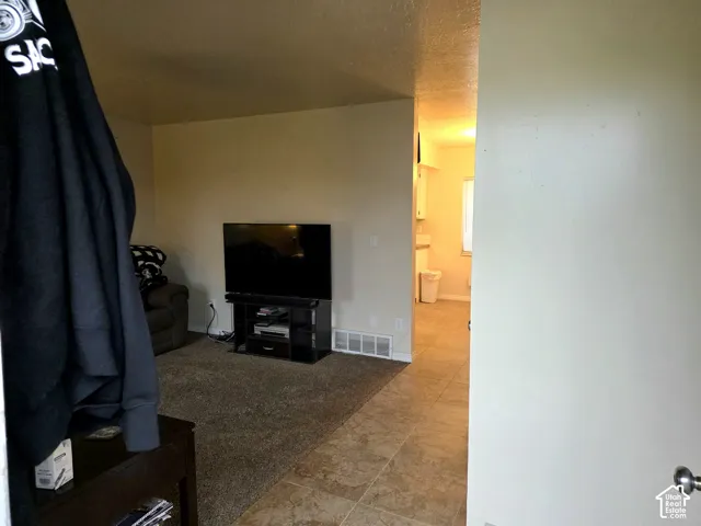 Interior space featuring neutral wall paint, carpeted flooring, and large-format tile flooring