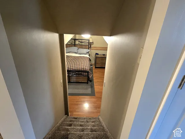 Carpeted staircase featuring neutral walls and wood-finish flooring