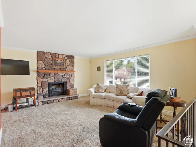 Floor-to-ceiling fieldstone fireplace with a natural wood mantel and stone hearth, expansive window with slatted blinds, and crown molding