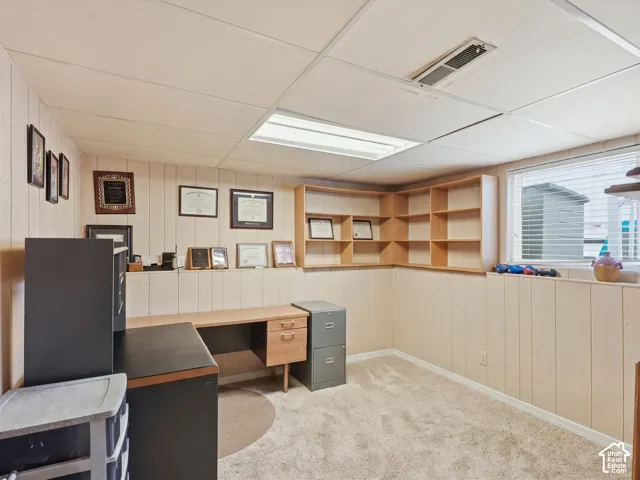 Interior space featuring wood-paneled walls, neutral carpeting, built-in wooden shelving, and a horizontal window with integrated blinds