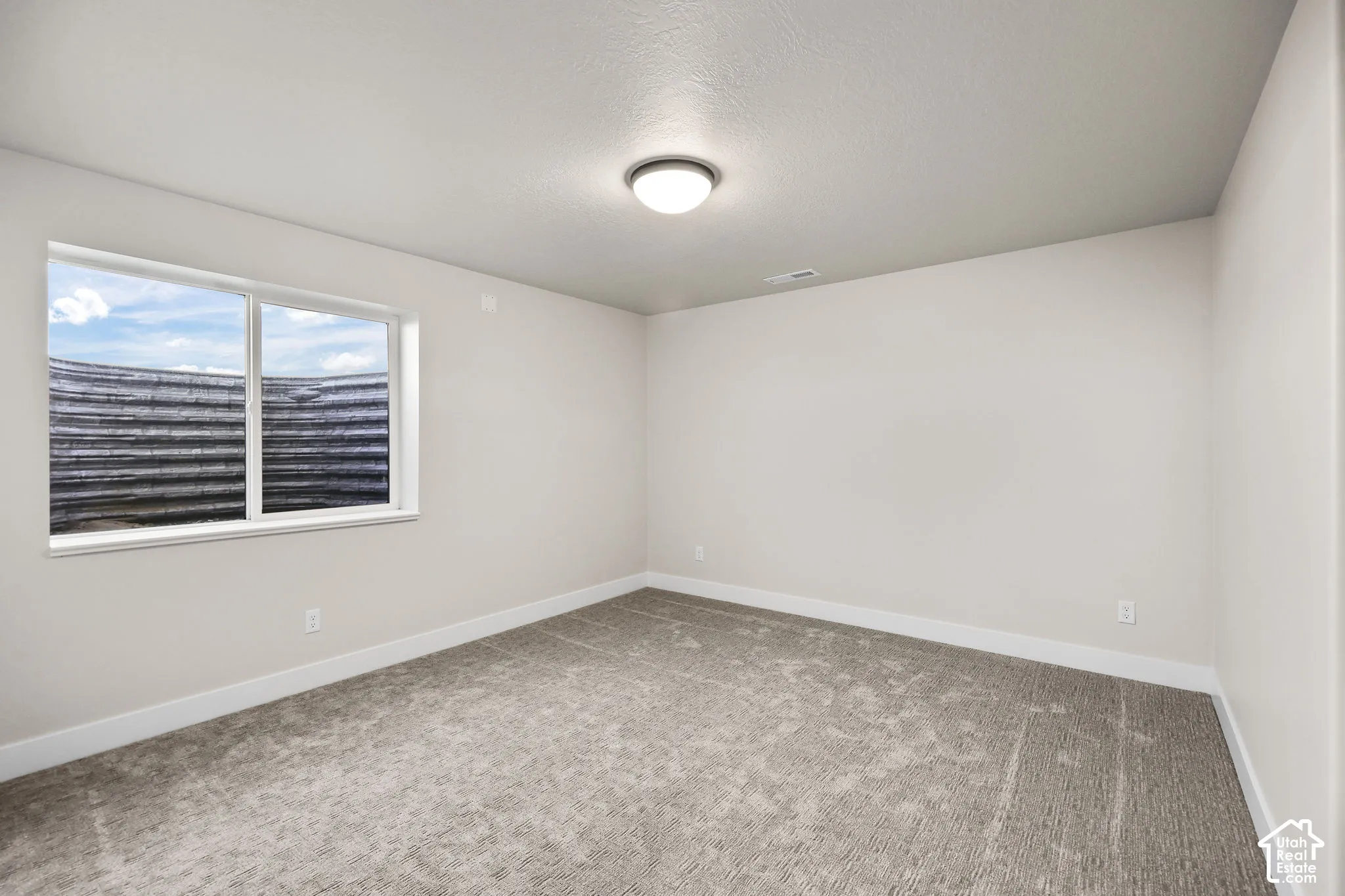 Spacious room featuring neutral carpeting, light-colored walls, white baseboards, and a contemporary ceiling light fixture