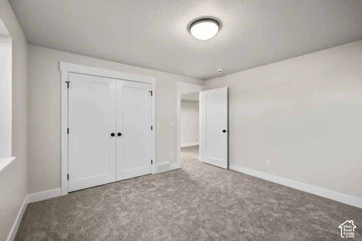 Bedroom featuring plush grey carpet, light neutral wall tones, white trim, a double-door closet with dark hardware, and a semi-flush ceiling light fixture