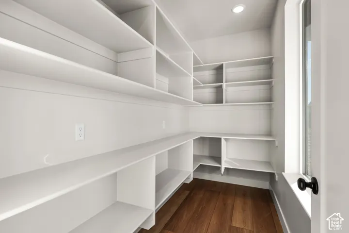 Walk-in pantry featuring extensive built-in shelving, recessed lighting, wood-finish flooring, a window, and a wall outlet