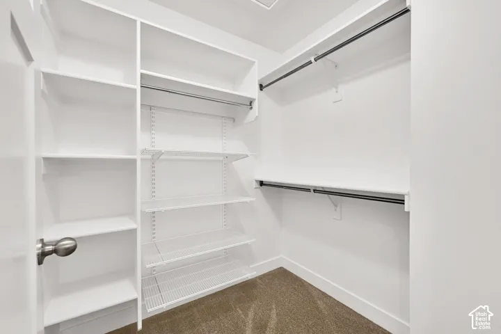 Walk-in closet featuring white built-in shelving, adjustable wire rack system, multi-level hanging rods, and neutral carpeting
