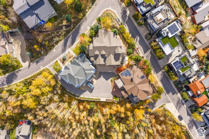 Aerial perspective of a multi-structure property featuring high-pitch asphalt shingle roofing, paved private driveway, solar panel arrays, and mature surrounding timberland