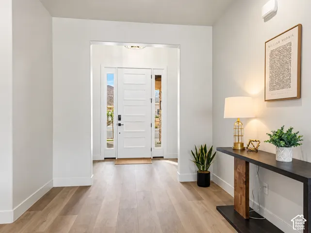 Entryway featuring wood-finish flooring, a white five-panel door, and dual side-light windows