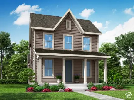 Two-story exterior featuring horizontal siding, a steep gabled roofline, and a covered front porch supported by square columns