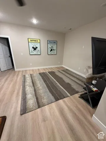 Interior space featuring wood-finish flooring, recessed lighting, and a paneled door