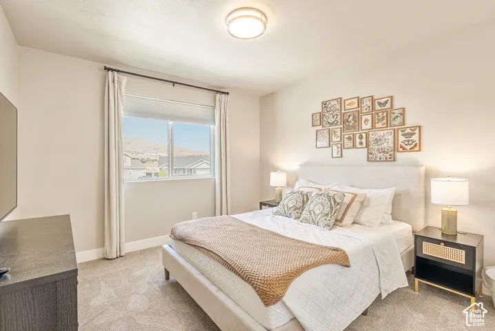 Bedroom featuring neutral wall paint, plush carpeting, a single-pane sliding window, and a flush-mount ceiling light fixture