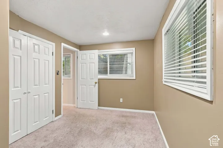 Room featuring neutral-toned walls, carpeted flooring, two sliding-panel closet doors, and two windows with horizontal blinds