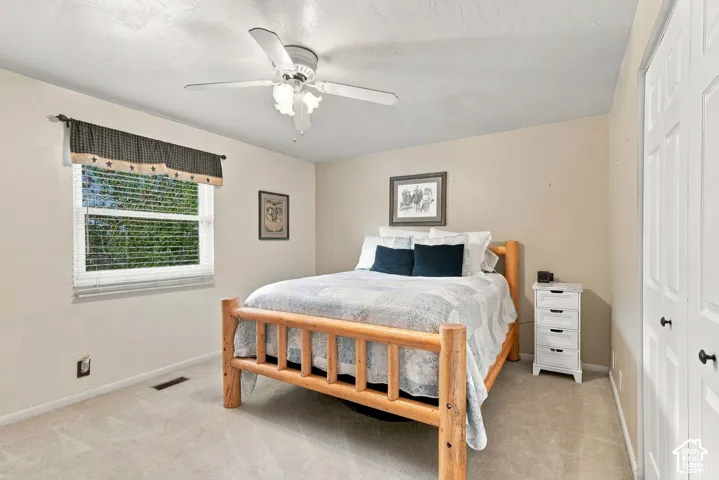Neutral-toned interior featuring carpeting, a white ceiling fan with integrated lighting, a single window, and a multi-panel door closet