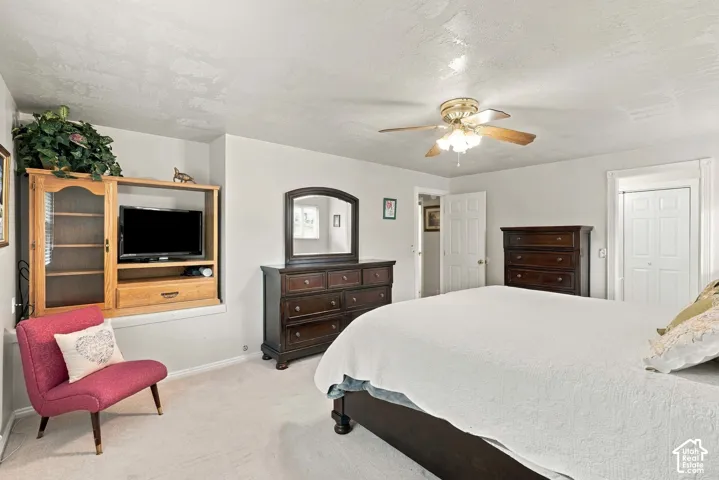 Built-in wood shelving unit, carpeted flooring, ceiling fan with integrated lighting, and multi-panel interior doors