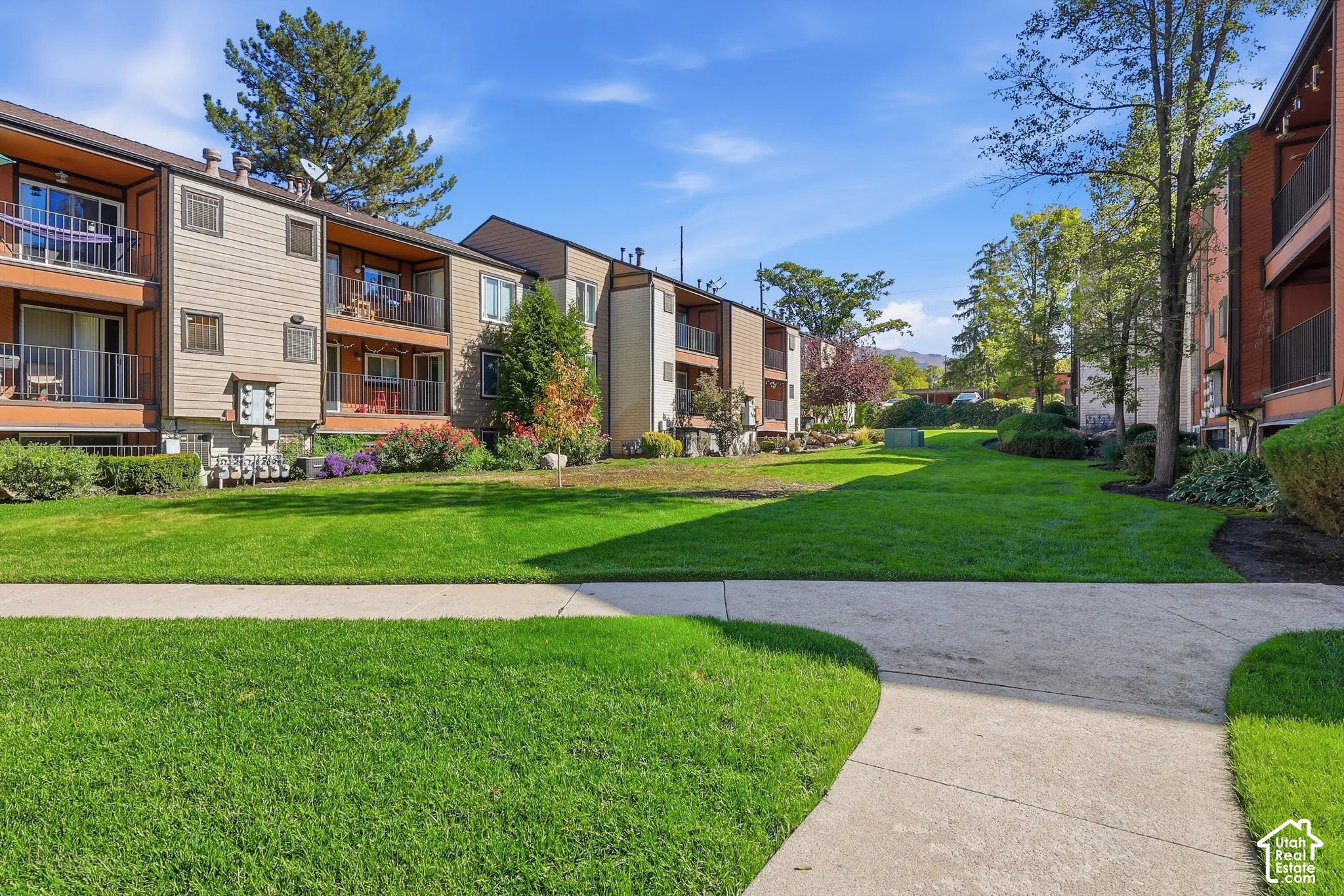 Manicured lawn with mature landscaping, bordered by concrete pathways