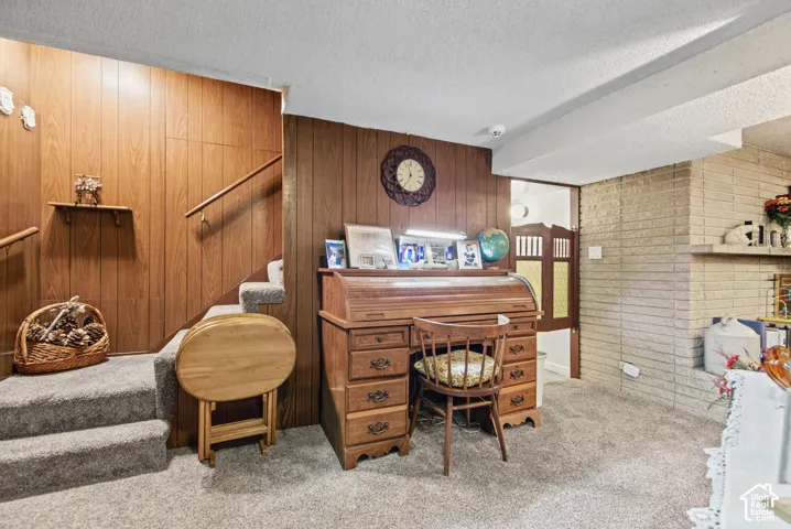 Wood-paneled walls and staircase with carpeted treads