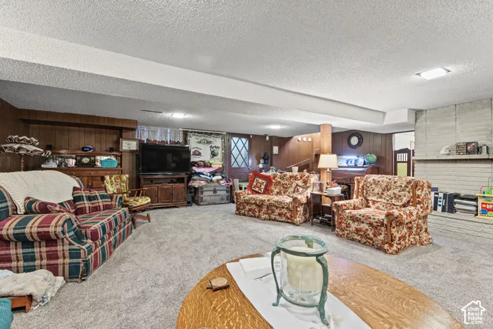 Carpeted lower level featuring a stone-clad fireplace and wood paneling