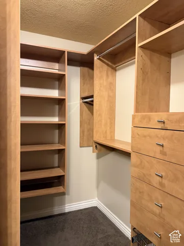 Custom walk-in closet featuring extensive wood-finish shelving, hanging rods, integrated drawer storage, and satin-finish metal hardware