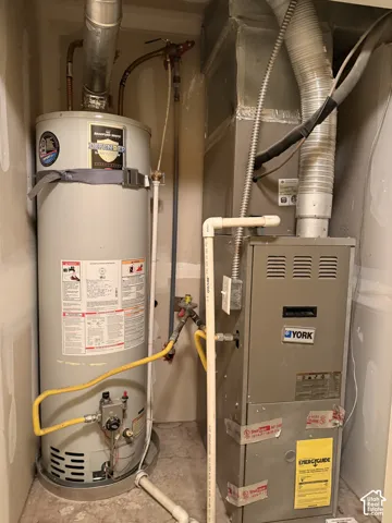 Mechanical closet featuring a water heater and a York forced-air furnace with dedicated venting