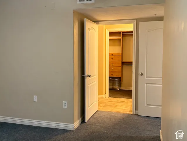 Room featuring blue carpeting, a ceiling-mounted fan, and two interior doors opening into a walk-in closet with built-in wooden shelving and drawers