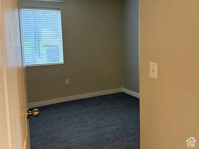 Neutral-toned interior space featuring dark wall-to-wall carpeting, a single window with horizontal blinds, and a dome-style flush-mount ceiling light fixture