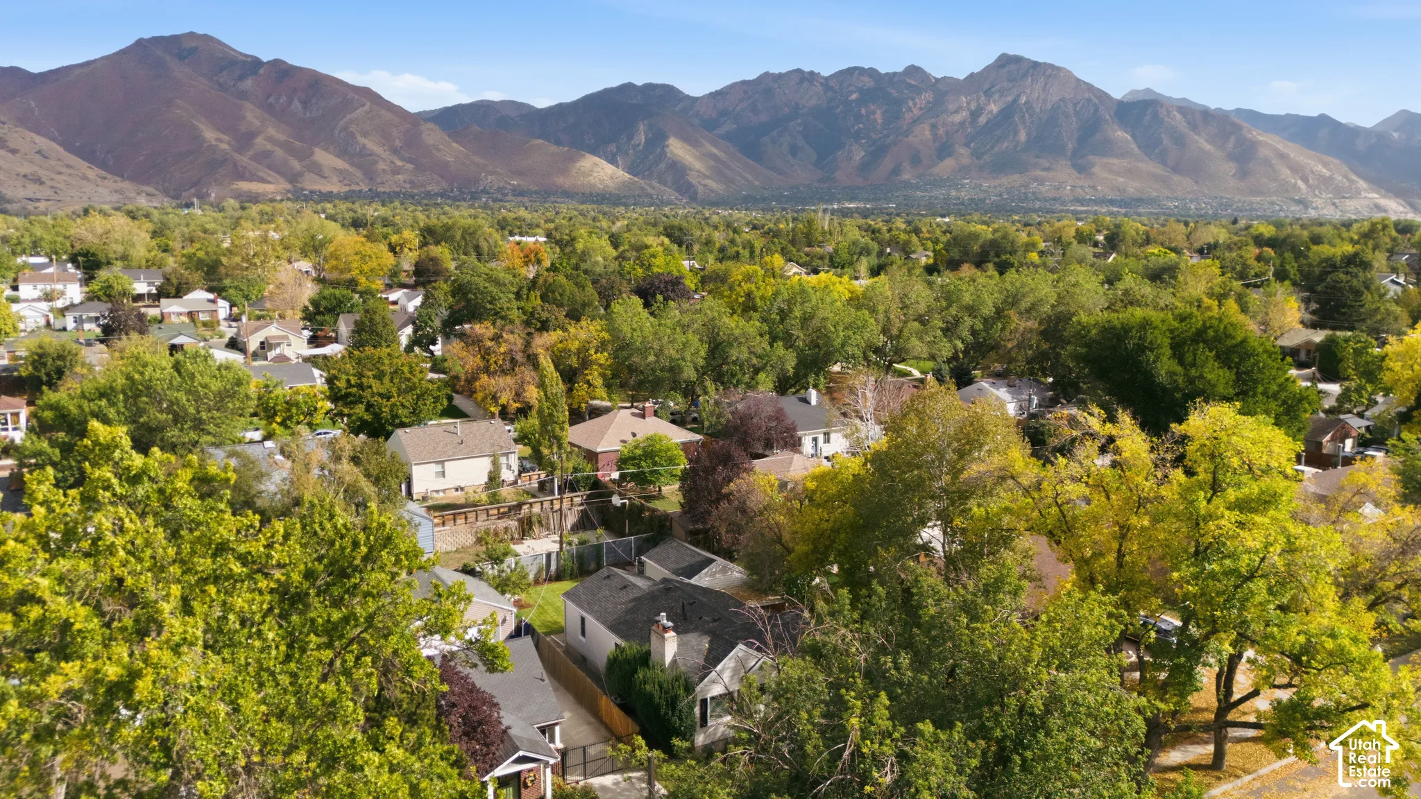 Mountain backdrop and a residential area featuring a variety of mature trees and established homes