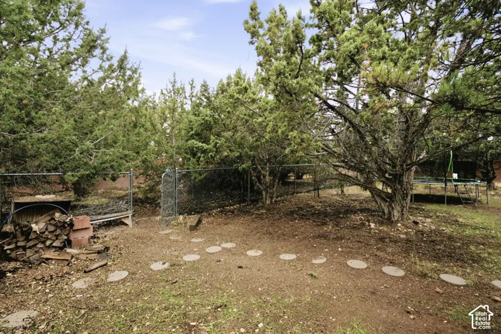 Natural outdoor space featuring mature evergreen trees, integrated circular stone-finish pavers, and perimeter chain-link fencing